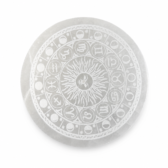 Plaque Circulaire en Sélénite Roue du Zodiaque 12cm 350g chez Arabesk|cz