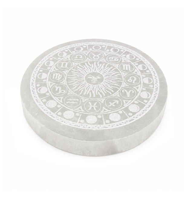 Plaque Circulaire en Sélénite Roue du Zodiaque 12cm 350g chez Arabesk