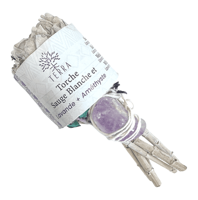 Torche Sauge Blanche Lavande avec Amethyste 25-30g 11cm chez Arabesk