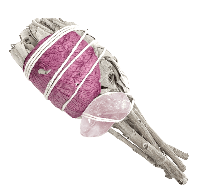 Torche Sauge Blanche Petale avec Quartz Rose 25-30g 11cm chez Arabesk|cz