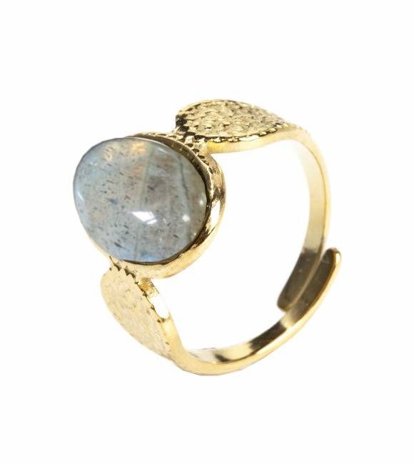 Bague Labradorite A Ovale en Acier Inoxydable Doré chez Arabesk
