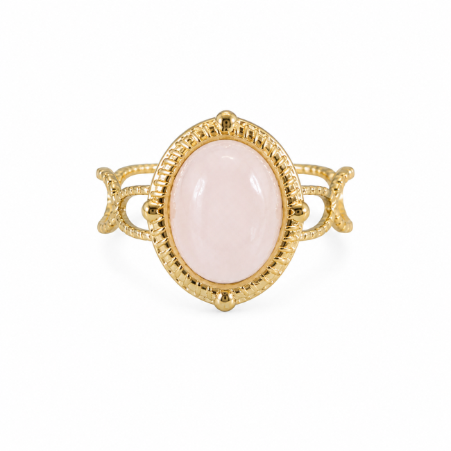 Bague en Acier Inoxydable Dorée Quartz Rose Ovale chez Arabesk|cz