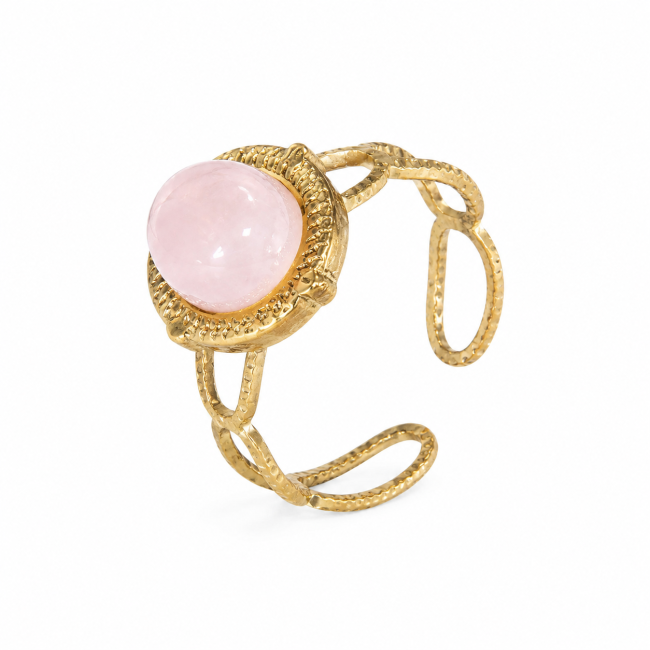 Bague en Acier Inoxydable Dorée Quartz Rose Ovale chez Arabesk