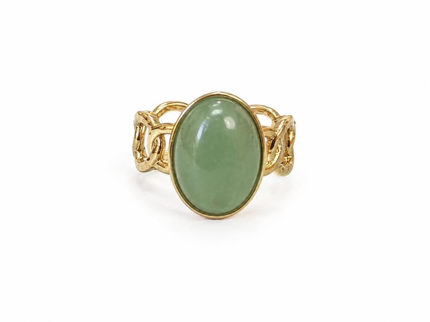 Bague en Acier Inoxydable Dorée Aventurine Verte Ovale chez Arabesk|cz