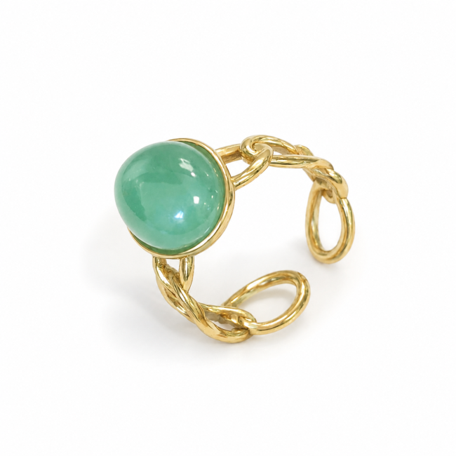 Bague en Acier Inoxydable Dorée Aventurine Verte Ovale chez Arabesk