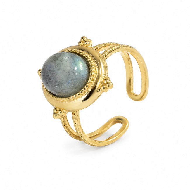 Bague en Acier Inoxydable Dorée Labradorite Ovale chez Arabesk