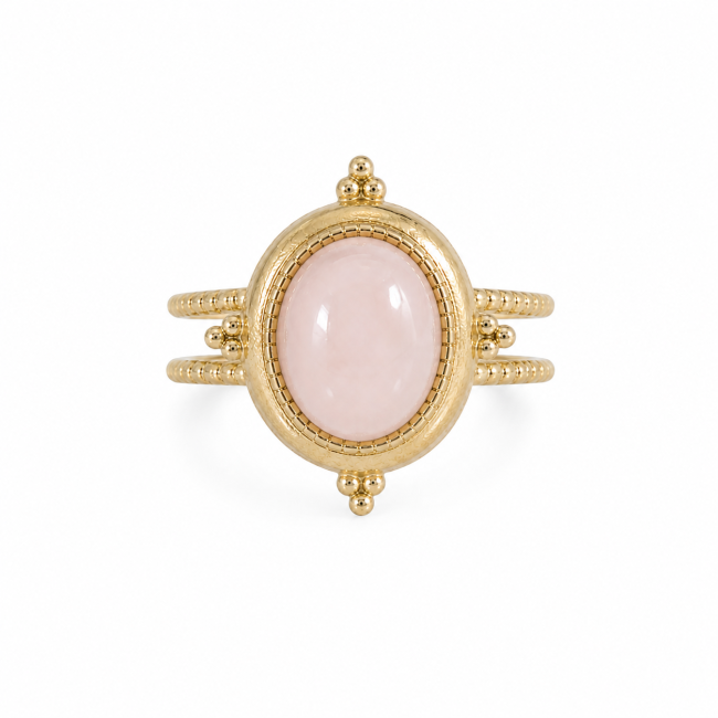 Bague en Acier Inoxydable Dorée Quartz Rose Ovale chez Arabesk|cz