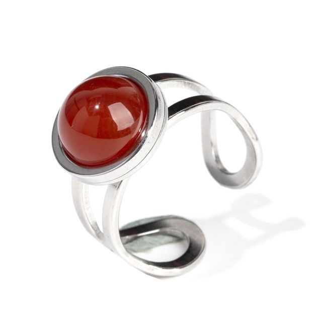 Bague Acier Inoxydable Argentée Agate Rouge A ronde chez Arabesk