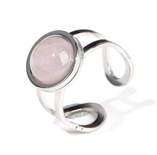 Bague Acier Inoxydable Argentée Quartz Rose A ronde chez Arabesk