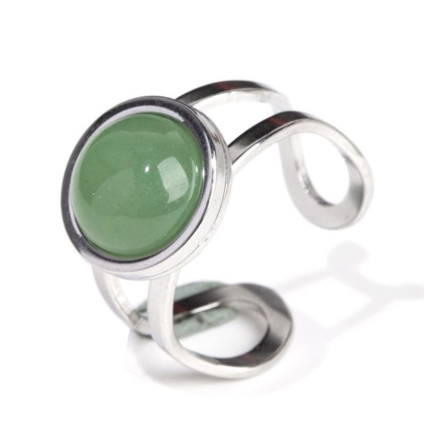 Bague Acier Inoxydable Argentée Aventurine Verte A ronde chez Arabesk