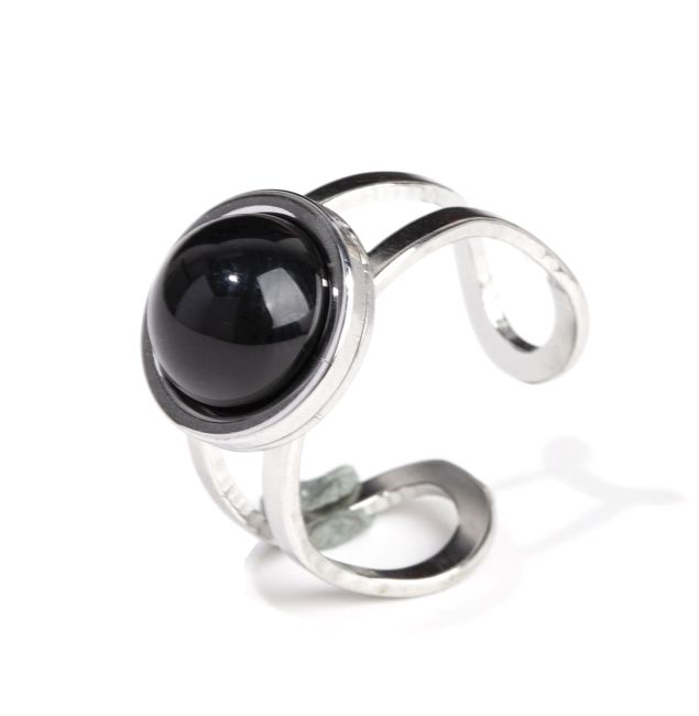 Bague Acier Inoxydable Argentée Onyx Noir A ronde chez Arabesk