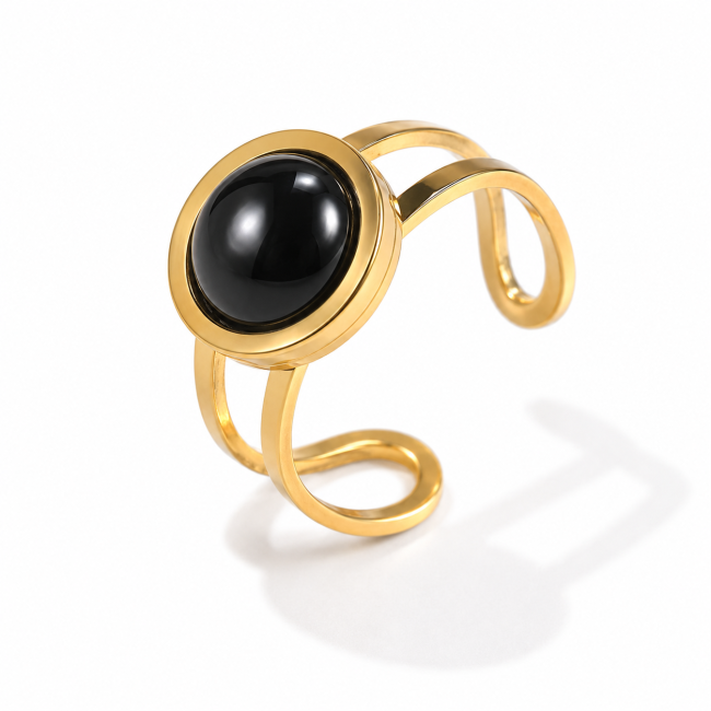 Bague Acier Inoxydable Dorée Obsidienne Noire Ronde chez Arabesk