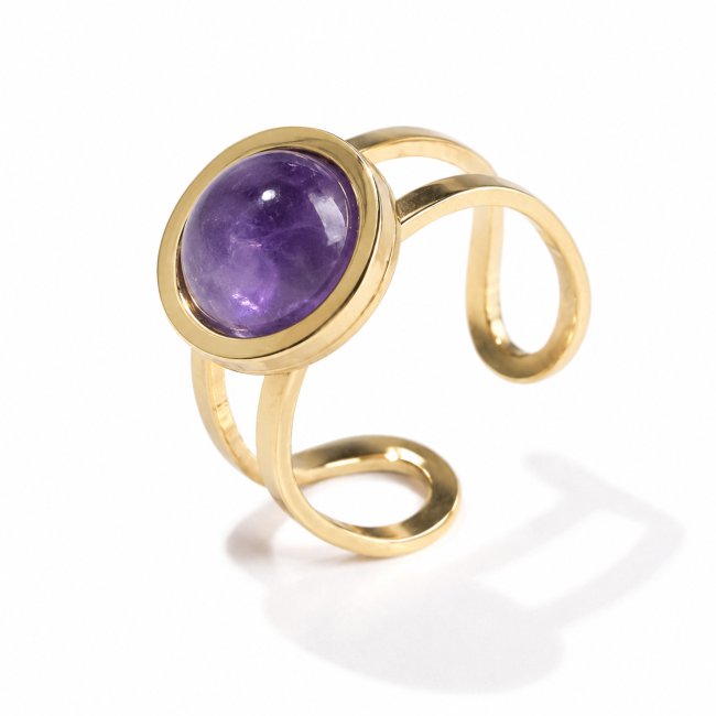 Bague Acier Inoxydable Dorée Améthyste Ronde chez Arabesk