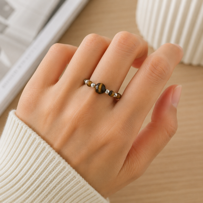Bague Perles Argentées Oeil de Tigre chez Arabesk|cz