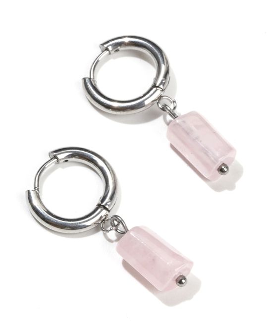 Boucles d'Oreilles Cylindre Argentées en Acier Inoxydable Quartz Rose A 11mm chez Arabesk
