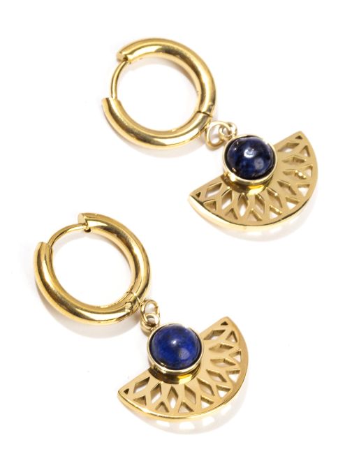 Boucles d'Oreilles Doréess en Acier Inoxydable Aztèque Lapis Lazuli AA 33mm chez Arabesk