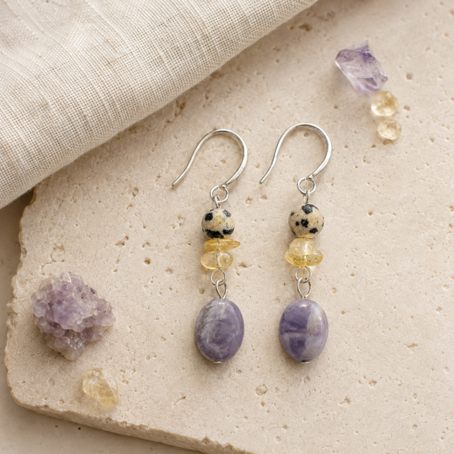 Boucles d’Oreilles – Jaspe Dalmatien, Citrine & Améthyste chez Arabesk|cz