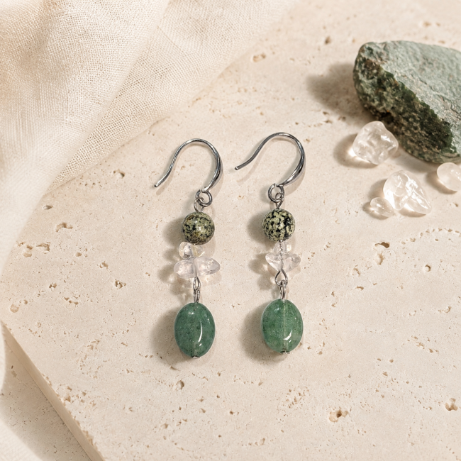 Boucles d’Oreilles – Jaspe Zèbre Vert, Cristal de Roche & Aventurine Verte chez Arabesk|cz