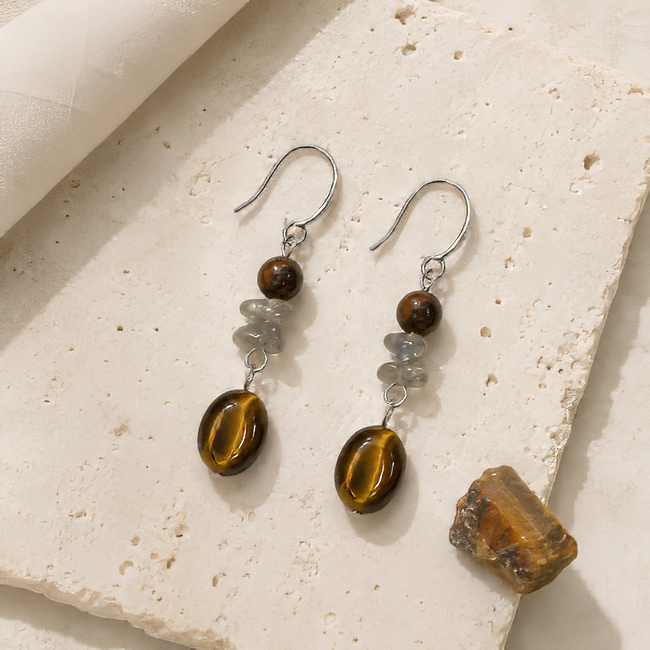 Boucles d’Oreilles – Obsidienne Acajou, Labradorite & Œil de Tigre chez Arabesk|cz