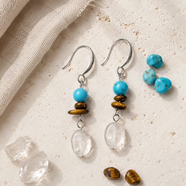 Boucles d’Oreilles – Turquénite, Œil de Tigre & Cristal de Roche chez Arabesk|cz