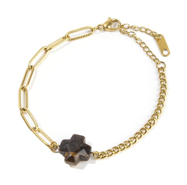 Bracelet Croix Œil de Tigre A en Acier Inoxydable Doré 16cm chez Arabesk