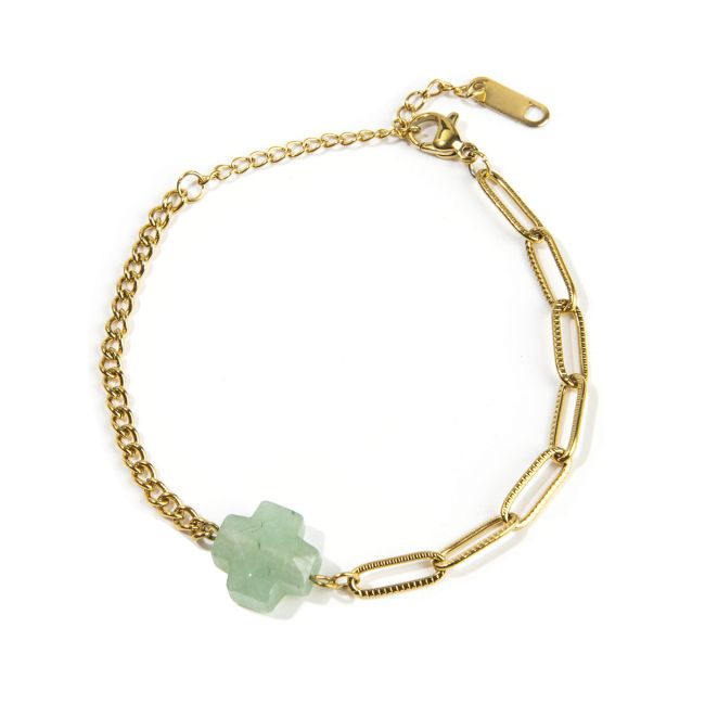 Bracelet Croix Aventurine Verte A en Acier Inoxydable Doré 16cm chez Arabesk