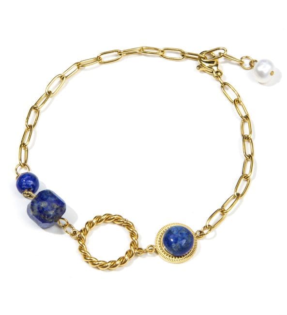 Bracelet Lapis Lazuli A en Acier Inoxydable Doré 23cm chez Arabesk