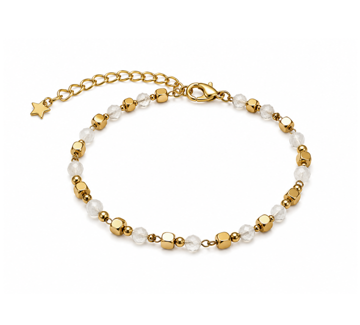 Bracelet Énergie en Pierre de Lune Blanche A+ – Perles Dorées chez Arabesk|cz