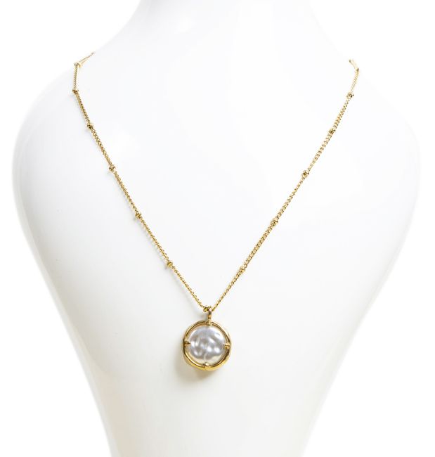 Collier Chaine Acier Inoxydable Doré Pendentif Rond Baroque Perles A chez Arabesk