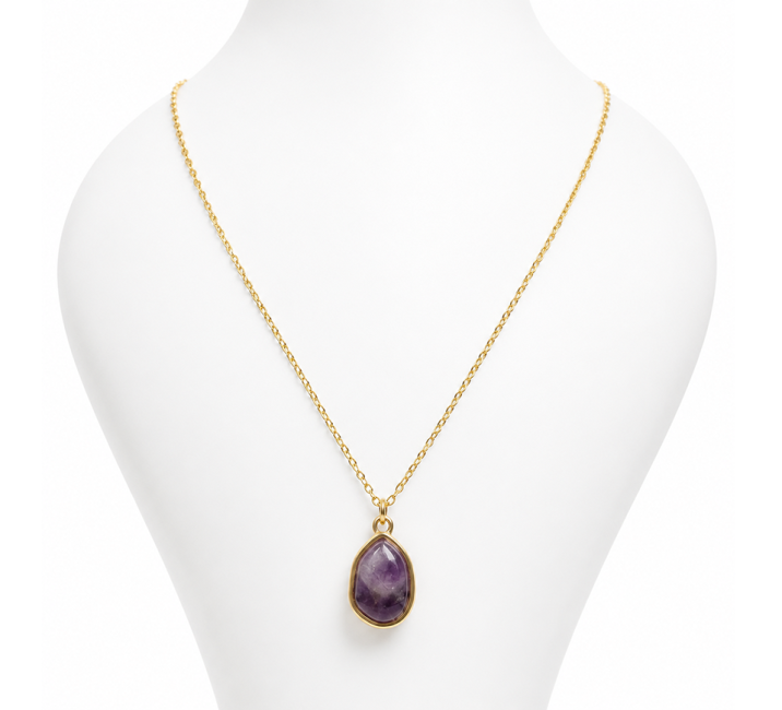 Collier Acier Inoxydable Doré Pendentif Géométrique Améthyste AA 15mm chez Arabesk