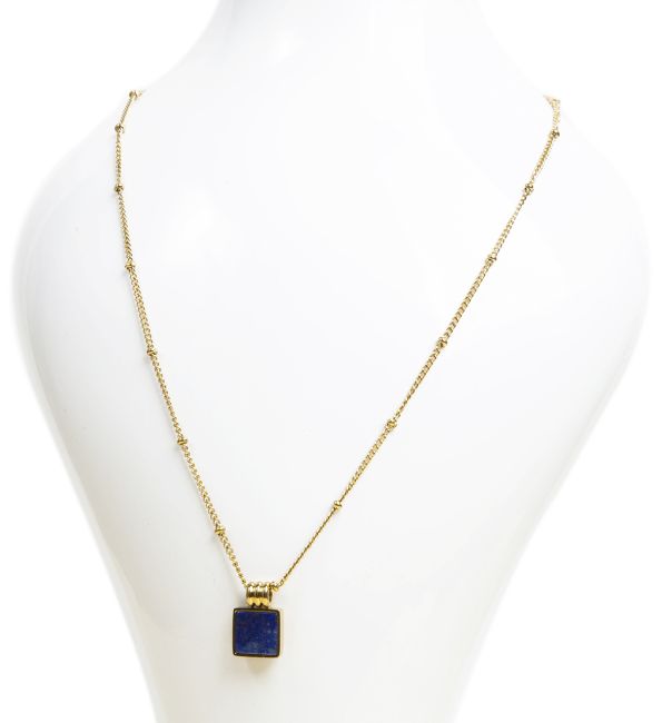 Collier Chaine Acier Inoxydable Doré Pendentif Carré Lapis Lazuli AA chez Arabesk