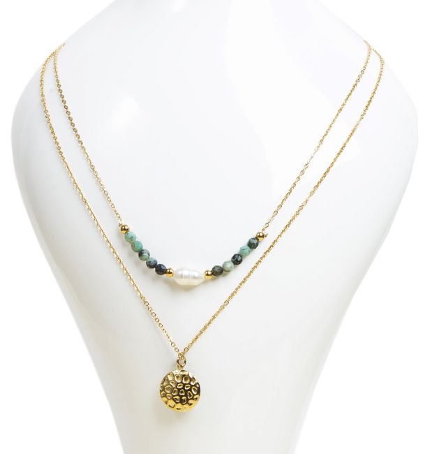 Collier Chaine Acier Inoxydable Doré Double rang Turquoise Naturelle d'Afrique Facettée A chez Arabesk