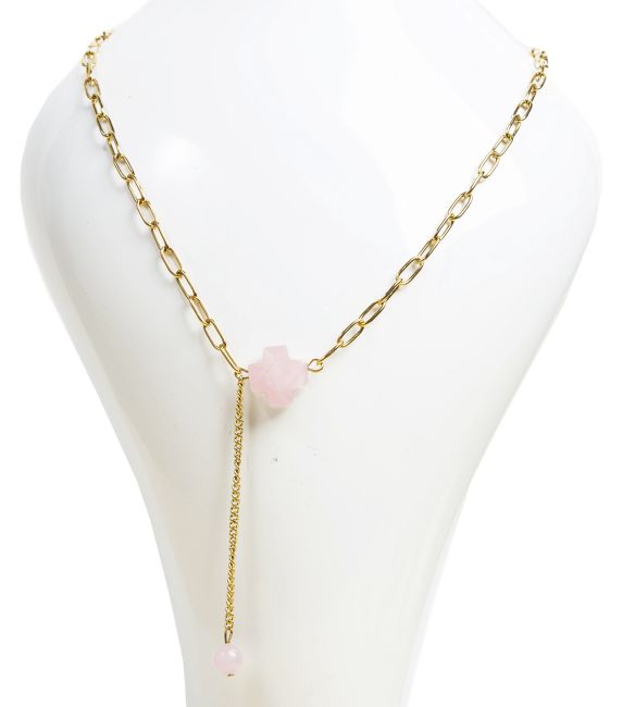 Collier Chaine Acier Inoxydable Doré Pendentif Croix Quartz Rose A Facetté chez Arabesk