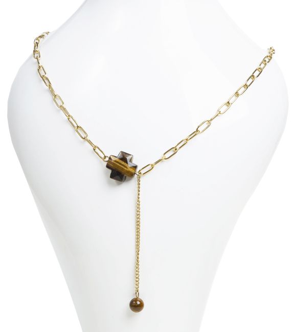 Collier Acier Inoxydable Doré Pendentif Croix Œil de Tigre A Facetté chez Arabesk