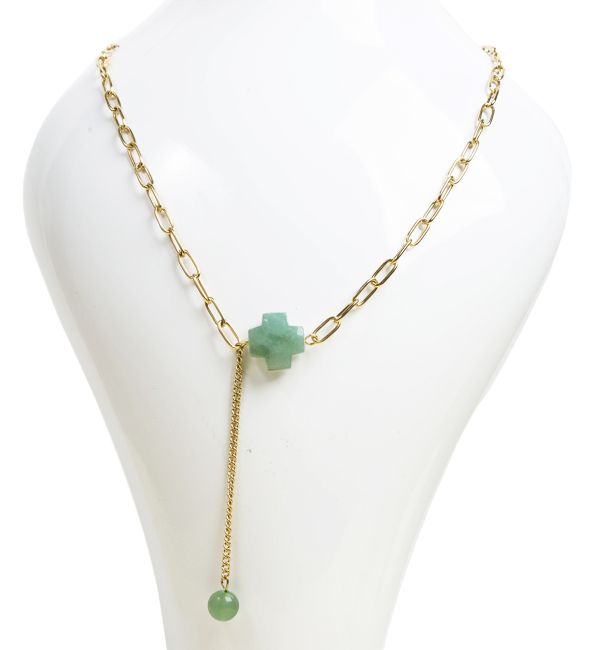 Collier Chaine Acier Inoxydable Doré Pendentif Croix Aventurine Verte A Facettée chez Arabesk