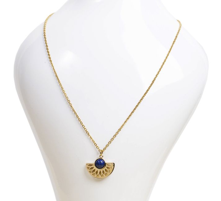 Collier Acier Inoxydable Doré Pendentif Aztèque Lapis-Lazuli AA 6mm chez Arabesk