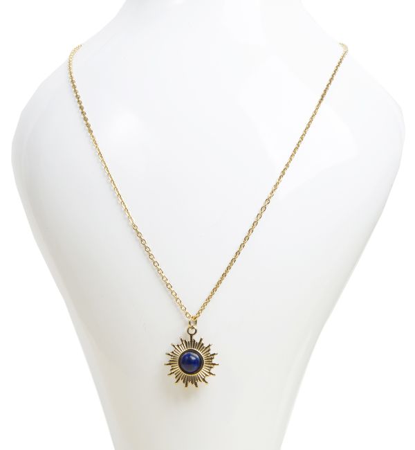 Collier Chaine Acier Inoxydable Doré Pendentif Soleil Lapis Lazuli A chez Arabesk