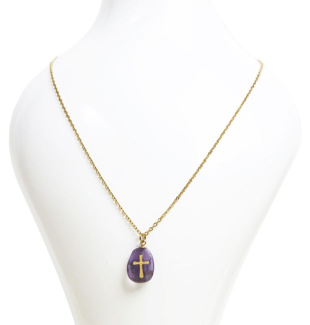 Collier Acier Inoxydable Doré Améthyste A & Croix chez Arabesk