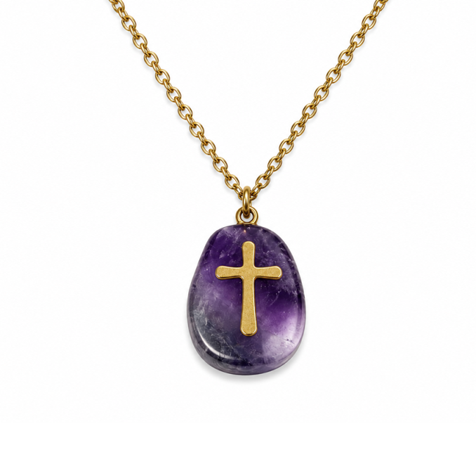 Collier Acier Inoxydable Doré Améthyste A & Croix chez Arabesk|cz