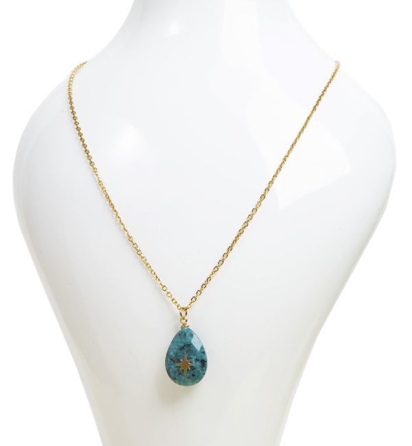 Collier Chaine Acier Inoxydable Doré Pendentif Turquoise Naturelle d'Afrique A Facetté  & Etoile chez Arabesk