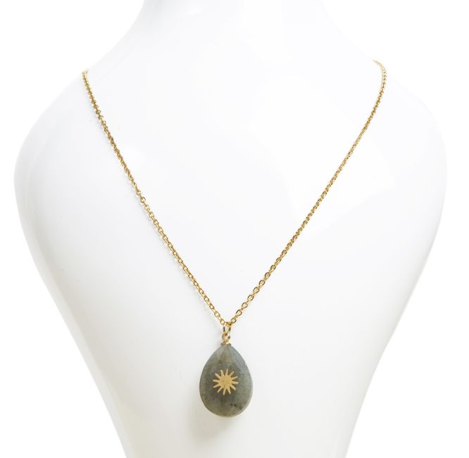 Collier Chaine Acier Inoxydable Doré Pendentif Labradorite A Facetté  & Soleil chez Arabesk
