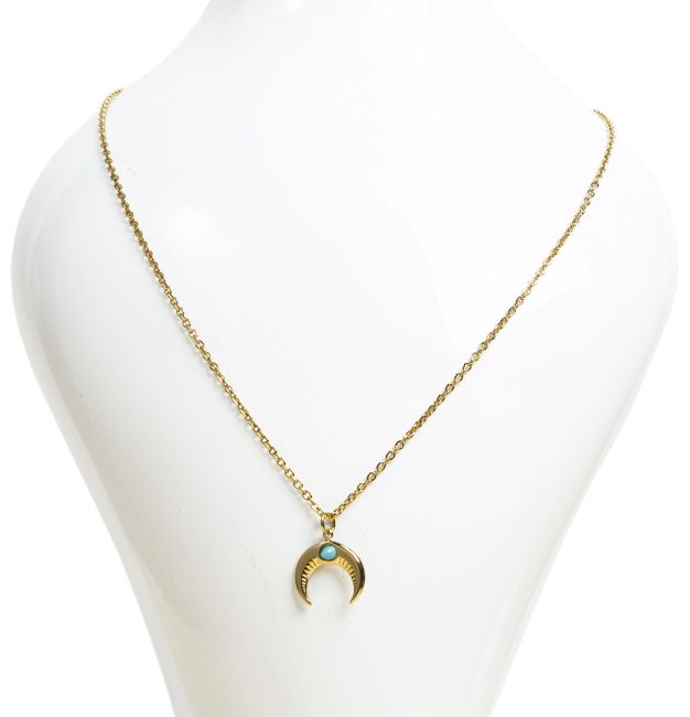 Collier Chaîne en Acier Inoxydable Doré Pendentif Lune Turquénite A chez Arabesk