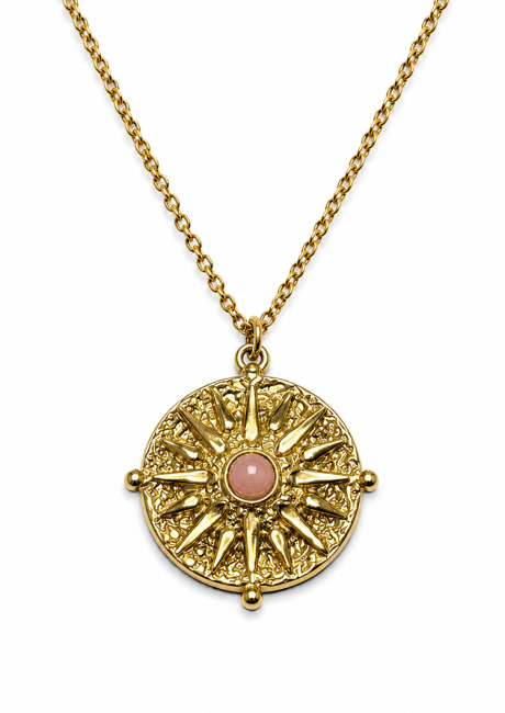 Collier Acier Inoxydable Doré Soleil Quartz Rose A chez Arabesk|cz