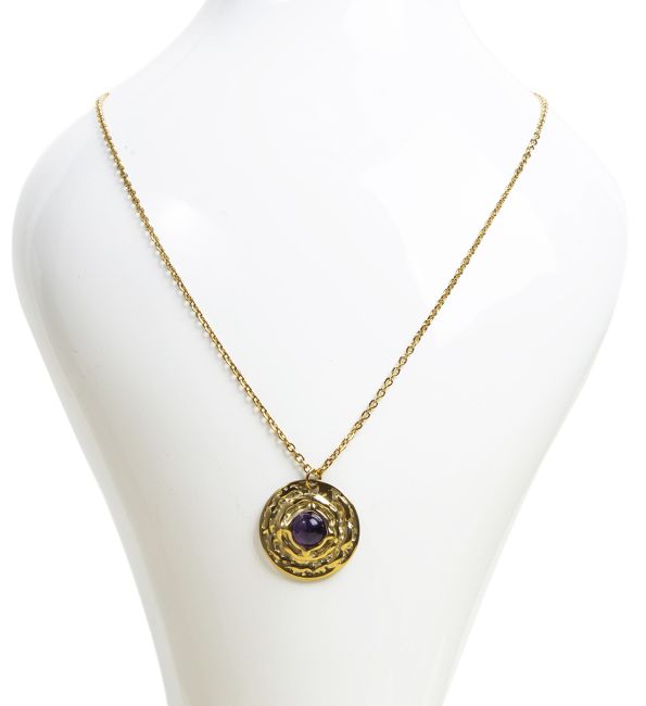 Collier Acier Inoxydable Doré Pendentif Rond Améthyste A 18.6mm chez Arabesk
