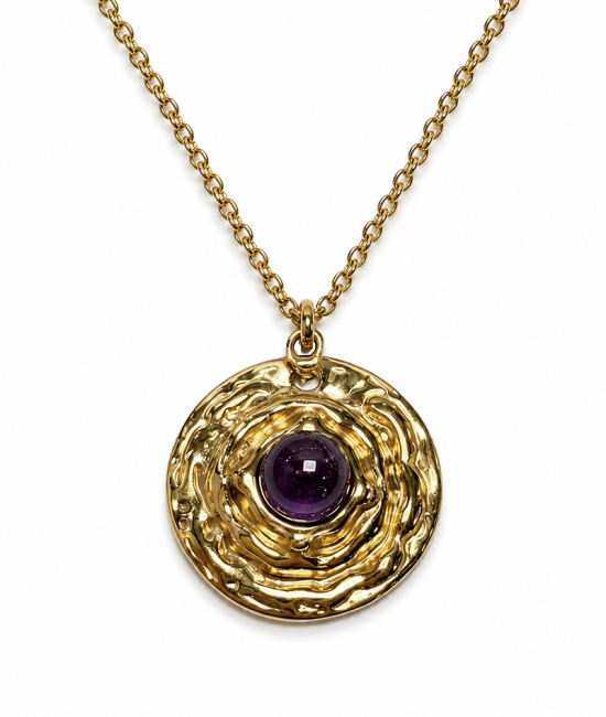 Collier Acier Inoxydable Doré Pendentif Rond Améthyste A 18.6mm chez Arabesk|cz