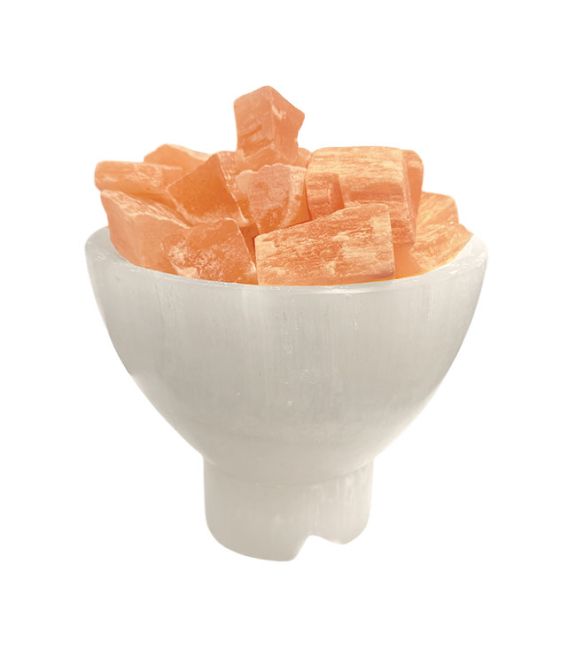 Lampe en Sélénite Bol avec Galets de Sélénite Orange 16cm 2-3Kg chez Arabesk