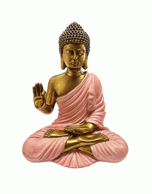 Statue Bouddha Abhaya Rose et Dorée en Résine 23 cm chez Arabesk