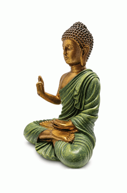 Statue Bouddha Abhaya Vert Foncé et Dorée en Résine 31 cm chez Arabesk|cz