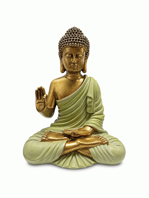 Statue Bouddha Abhaya Verte et Dorée en Résine 31 cm chez Arabesk