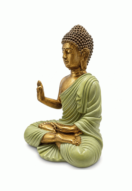 Statue Bouddha Abhaya Verte et Dorée en Résine 31 cm chez Arabesk|cz